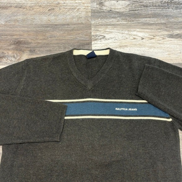 Nautica Other - Vintage Y2K Nautica Jeans Grey Mens L Chest Stripe V-Neck Knit Pullover Sweater